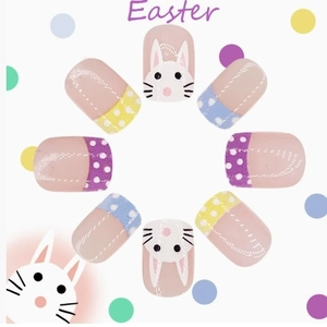 Easter press-on nails set with cute rabbit art and colorful polka dots patterns