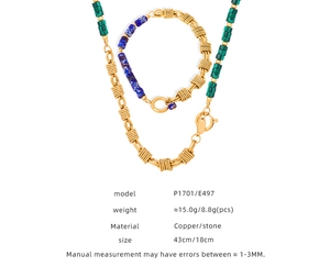 Detail view of gold-plated copper jewelry set featuring green and blue natural stones