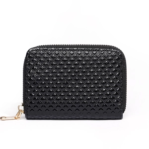 Glossy black patent leather accordion card wallet with classic diamond quilted pattern