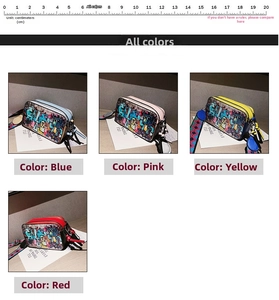 Graffiti camera bag set featuring blue, pink, yellow, and red styles with woven straps