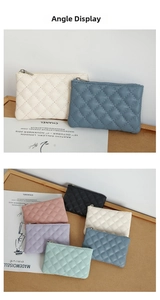 Close-up of quilted PU leather mini wallets with metal zippers in multiple colors