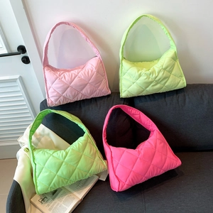 Nylon quilted puffy crescent bags in pink, light green, neon green and neon pink