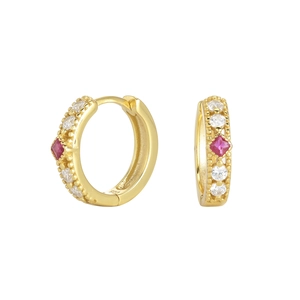 Detail of S925 sterling silver gold huggie earrings with red square zircon inlay