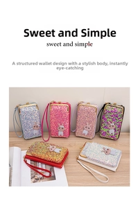 Detailed view of sequin crossbody mini bags with bunny decors and wrist straps