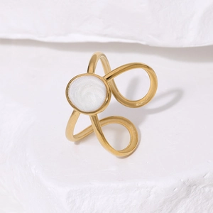 Minimalist 18K gold plated stainless steel open ring with white enamel geometric design