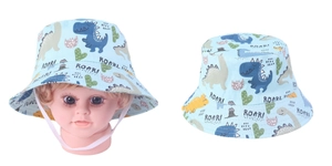 Detail of light blue baby sun hat with colorful dinosaur prints and white chin strap