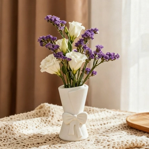 Elegant white bow relief flower vase with purple floral arrangement in a warm home setting