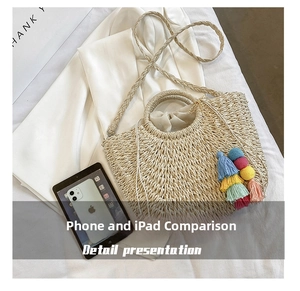 Size comparison of bohemian straw tote with colorful tassels and a standard tablet