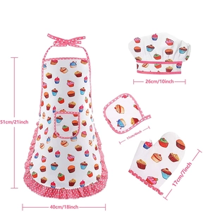 Detailed dimensions of kids chef apron set with pink cupcake pattern and white polka dots