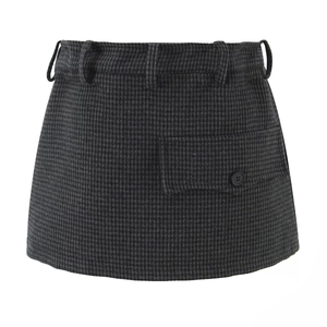 Dark grey houndstooth wool mini skirt with pleated detail and front flap pocket