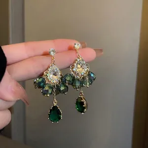 Vintage Palace Drop Earrings With 925 Sterling Silver Earring Post Alloy Rhinestone Emerald Green Artificial Crystal Water Drop For Women