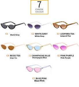 Collection of cat-eye sunglasses in seven color variants like leopard and transparent tones