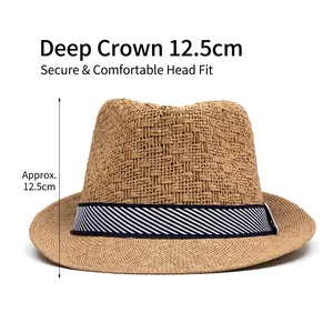 Men's breathable straw fedora hat with blue striped band and 12.5cm deep crown design