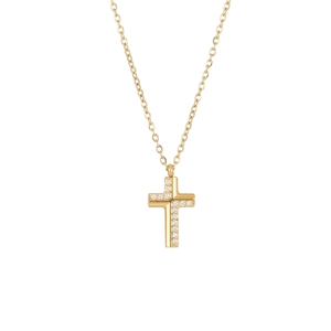 Golden cross necklace in titanium steel with sparkling zircon inlay for couples