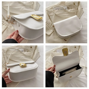 Detailed multi-angle views of white PU leather crossbody bag with gold metal buckle