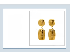 Detail of 18K gold plated stainless steel drop earrings with checkered pattern texture