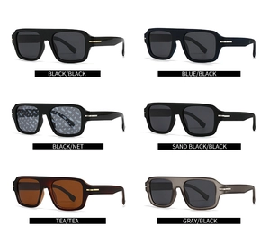 Detailed grid view of modern square sunglasses showing various colors and temple metal decor
