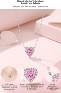 Detail of 925 silver heart necklace with pink zircon and polished mirror finish surface