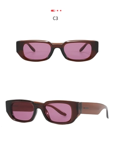 Macro view of retro rectangle sunglasses with translucent brown frames and purple lenses