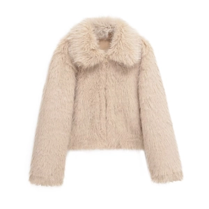 Women's faux fur winter jacket with large lapel and zip closure in light beige color