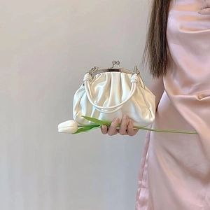 Women Pleated Cloud Dumpling Bag Artificial Pearl PU Leather Kiss Lock Closure Chain Strap Crossbody Handbag Small Clutch Purse