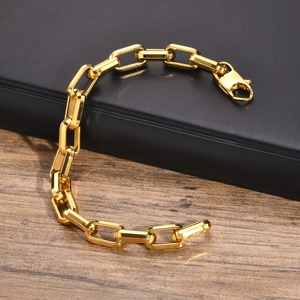 Minimalist gold plated rectangular link chain bracelet with secure lobster clasp closure