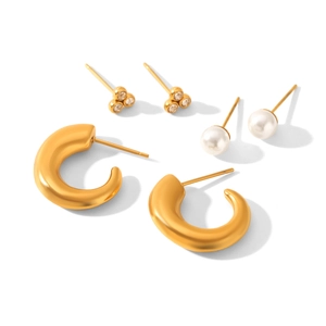 Detailed set of gold stud earrings with cubic zirconia, white pearls, and C-shaped hoops
