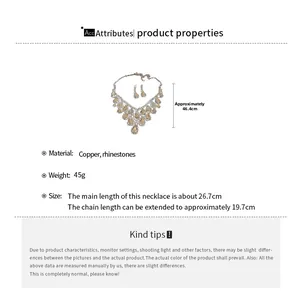Detail of luxury teardrop necklace set with crystal dimensions and product specifications