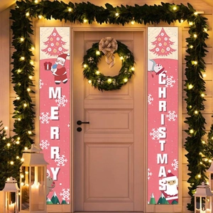 Bannières de Noël roses pour porte d'entrée avec lettrage Merry Christmas et décorations