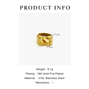 Detail of twisted wide band ring in 18K gold PVD plated 316L stainless steel texture