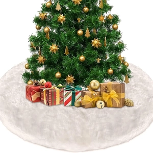 White faux fur Christmas tree skirt with plush texture for holiday home decorations