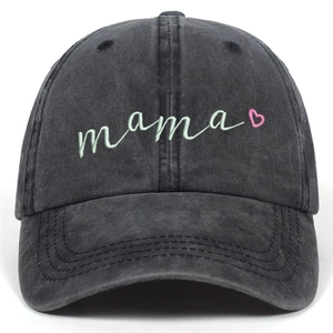 Washed cotton baseball cap in charcoal grey with mama embroidery and pink heart