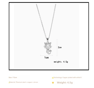 Detailed size and specs for the cat pendant necklace featuring silver-tone zircon design