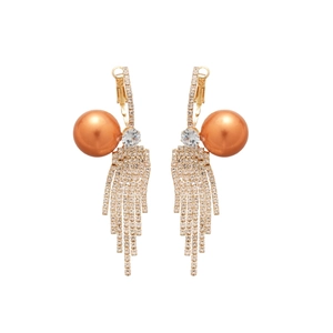 Elegant gold drop earrings with orange pearls and sparkling rhinestone tassel fringes