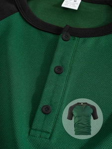 Detailed macro view of green honeycomb mesh fabric and the inner neck label of the shirt
