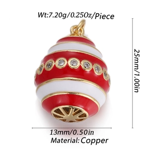 Detail view of red and white enamel egg pendant with dimensions and copper weight data