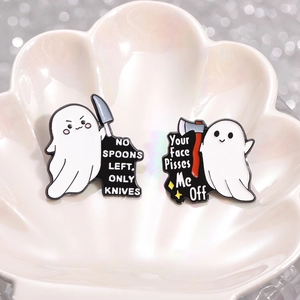 Funny ghost enamel pins with NO SPOONS LEFT and Your Face Pisses Me Off slogans
