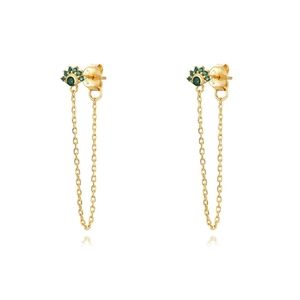 Detail of S925 silver gold chain earrings with green gemstones and elegant fan-shaped studs