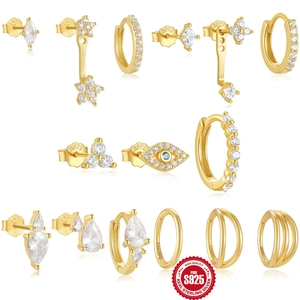 925 Sterling Silver Evil Eye Earrings Set For Women Geometric Water Drop Zirconia Inlaid Stud Hoop Earrings Gold Plated Fashion Jewelry