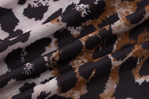 Detailed macro view of the leopard print knit mesh fabric with black and brown patterns