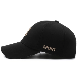 Classic black baseball cap with golden R letter embroidery and white brim detailing