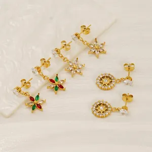 Star Flower Drop Earrings 18K Gold Plated Stainless Steel Zircon Rhinestone Light Luxury Ins Style Women