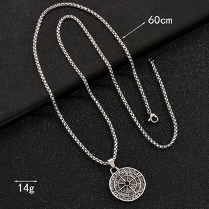 Detail view of silver compass pendant with 60cm box chain and weight specifications