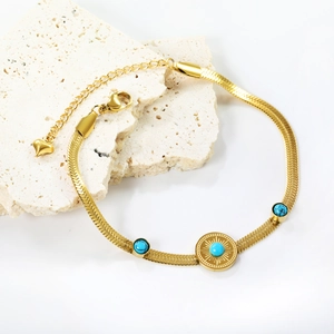 Vintage 18K Vergoldet Edelstahl Schlangenkette Armband Mit Türkis Sonnenscheibe Herz Anhänger Für Damen Mode Schmuck