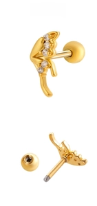 Vue macro d'un piercing papillon doré avec zircone cubique et fermoir à vis sécurisé