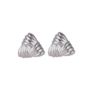Detailed close-up of silver triangular stud earrings with textured metallic pleats