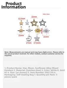Detailed size chart for celestial star moon sun alloy charms with 2mm hole specifications