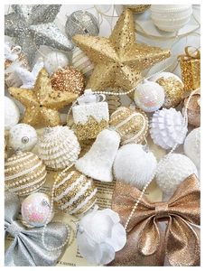 Detailed view of champagne gold Christmas ornaments including glitter balls and sequin stars
