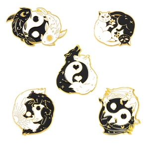 Five Yin Yang enamel pins featuring carp, cats, wolves, foxes, and bats in black and white