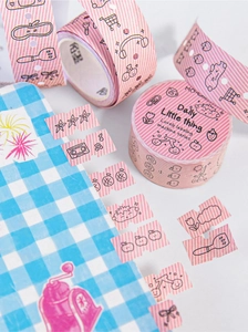 Detail of pink striped decorative tape with cute black sketches of cherries and tapes
